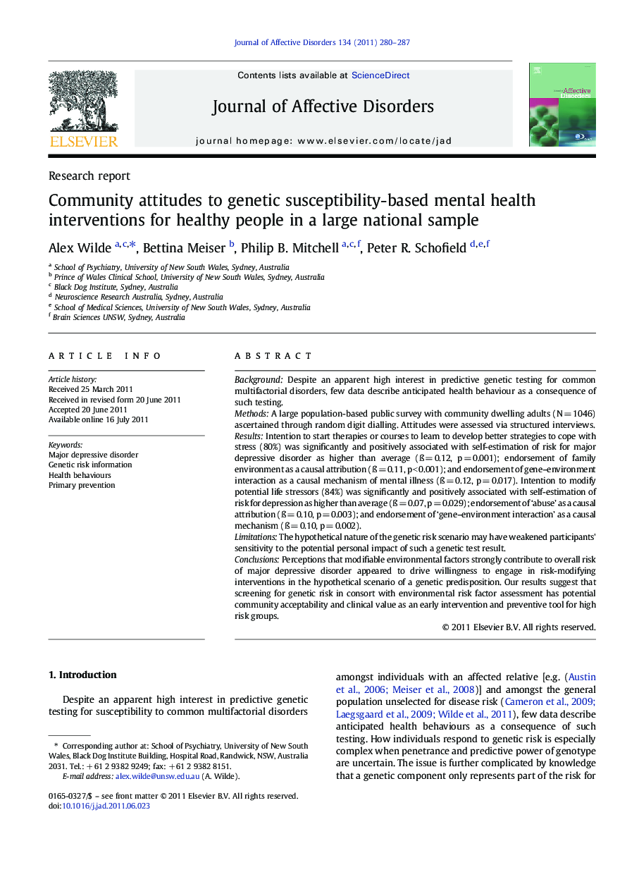 Community attitudes to genetic susceptibility-based mental health interventions for healthy people in a large national sample