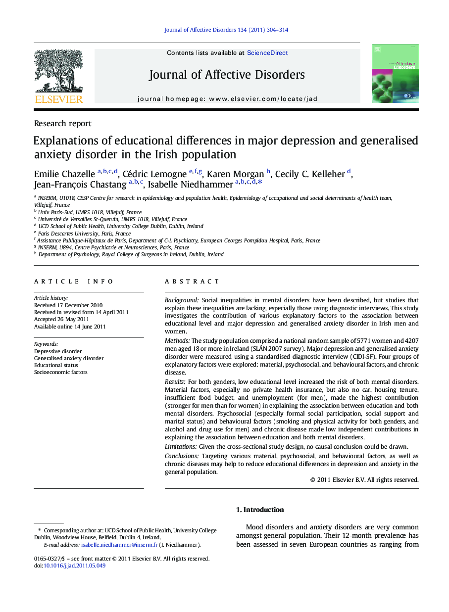 Explanations of educational differences in major depression and generalised anxiety disorder in the Irish population