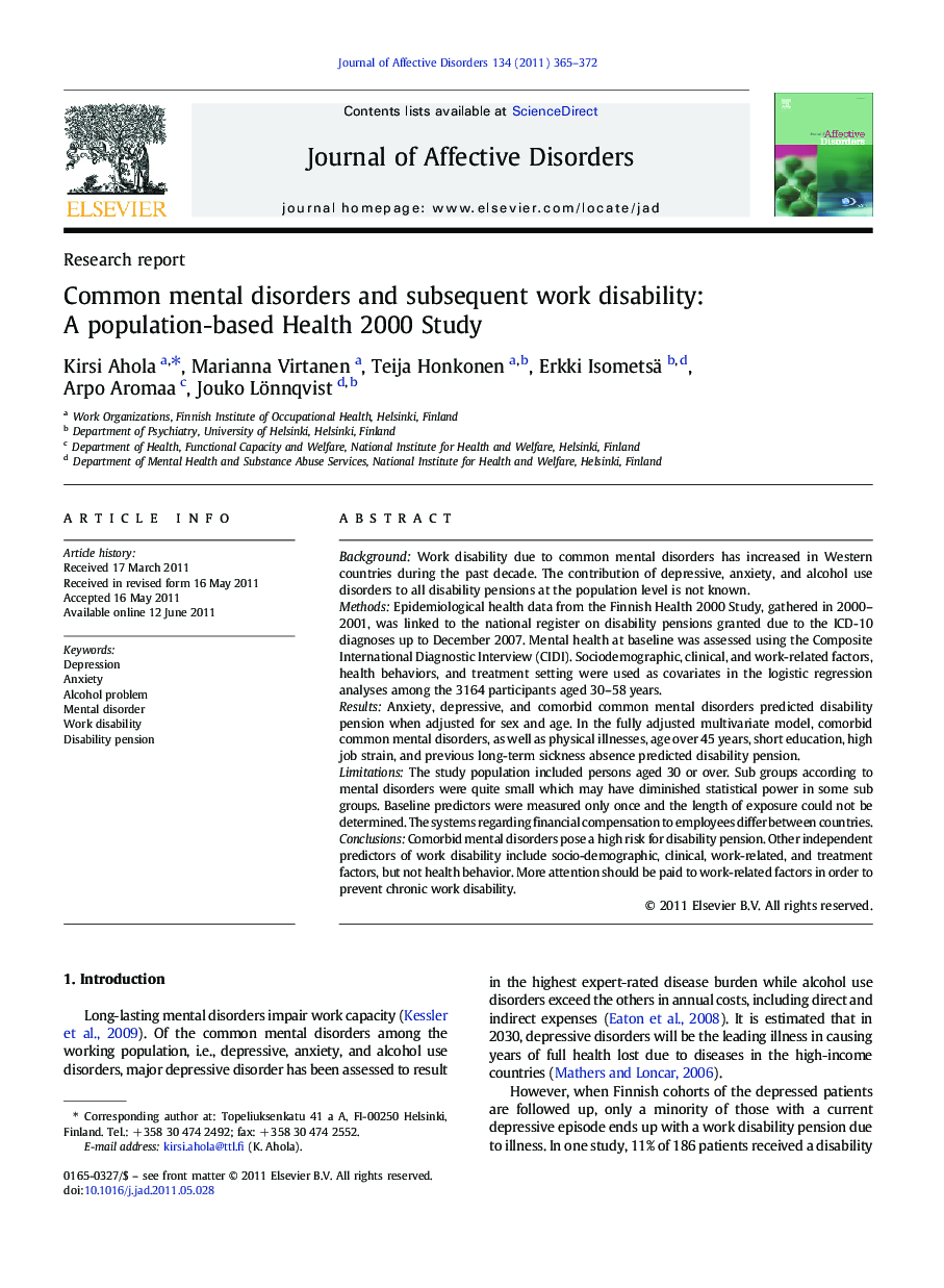 Common mental disorders and subsequent work disability: A population-based Health 2000 Study