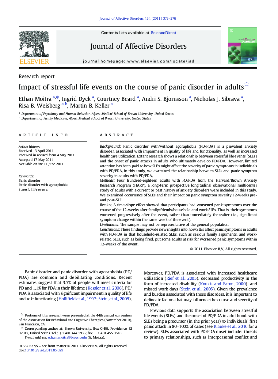 Impact of stressful life events on the course of panic disorder in adults