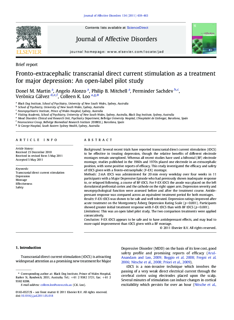 Fronto-extracephalic transcranial direct current stimulation as a treatment for major depression: An open-label pilot study