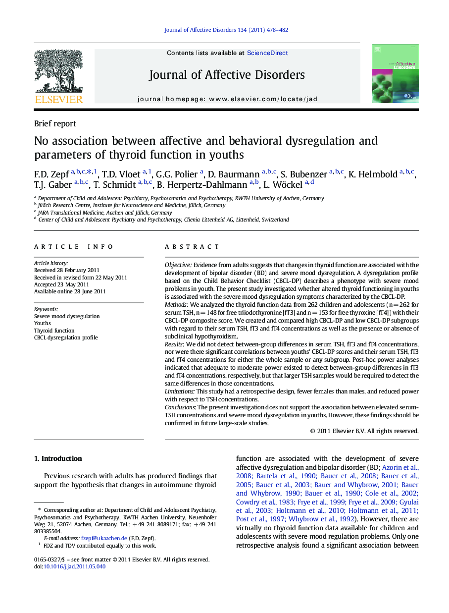 No association between affective and behavioral dysregulation and parameters of thyroid function in youths