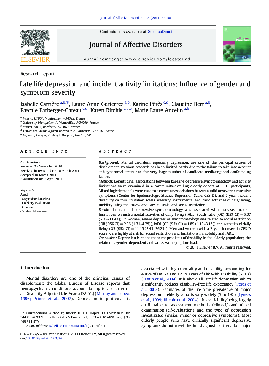 Late life depression and incident activity limitations: Influence of gender and symptom severity