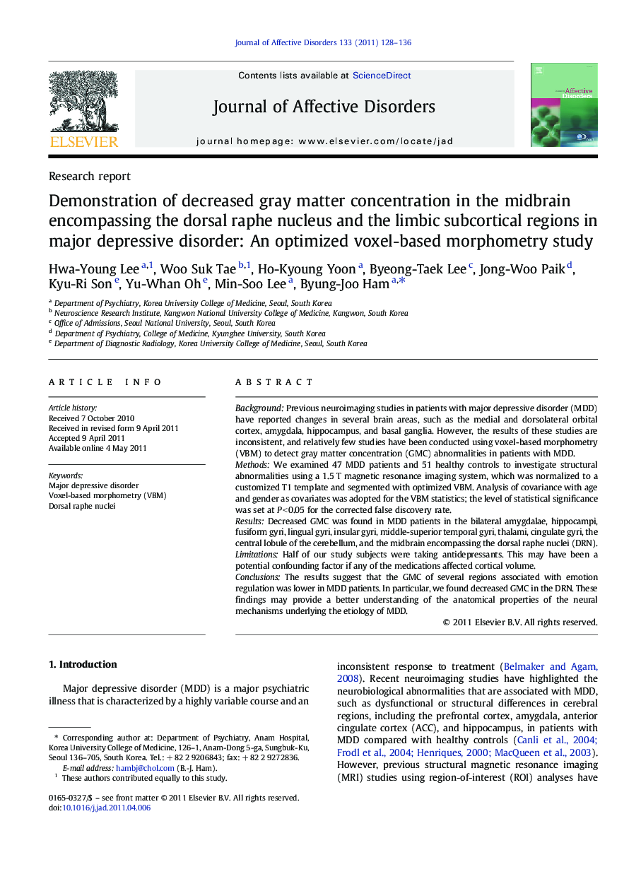 Demonstration of decreased gray matter concentration in the midbrain encompassing the dorsal raphe nucleus and the limbic subcortical regions in major depressive disorder: An optimized voxel-based morphometry study