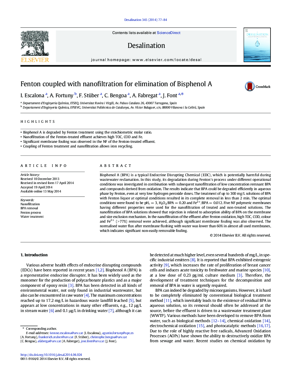 Fenton coupled with nanofiltration for elimination of Bisphenol A
