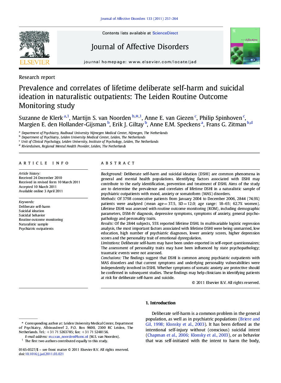 Prevalence and correlates of lifetime deliberate self-harm and suicidal ideation in naturalistic outpatients: The Leiden Routine Outcome Monitoring study