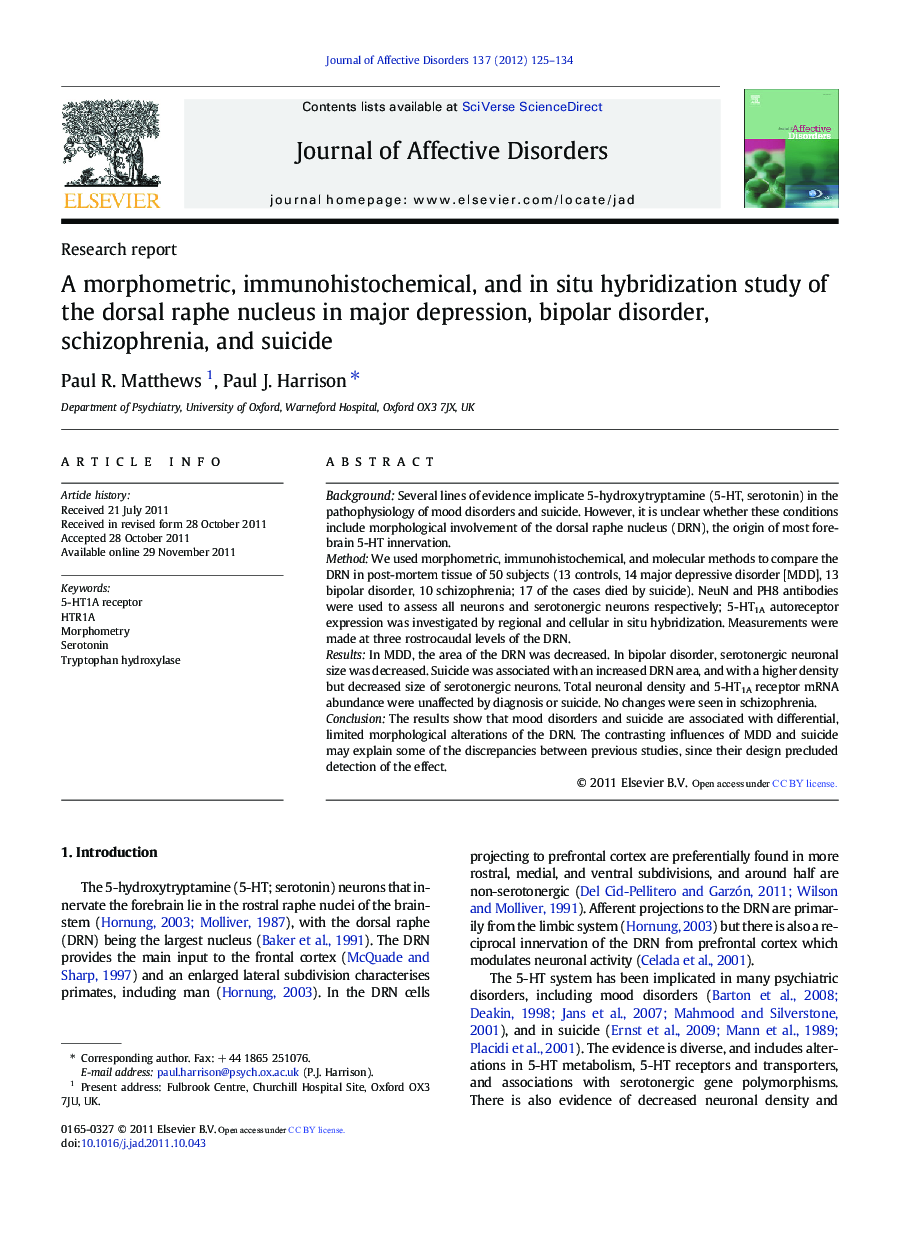 A morphometric, immunohistochemical, and in situ hybridization study of the dorsal raphe nucleus in major depression, bipolar disorder, schizophrenia, and suicide
