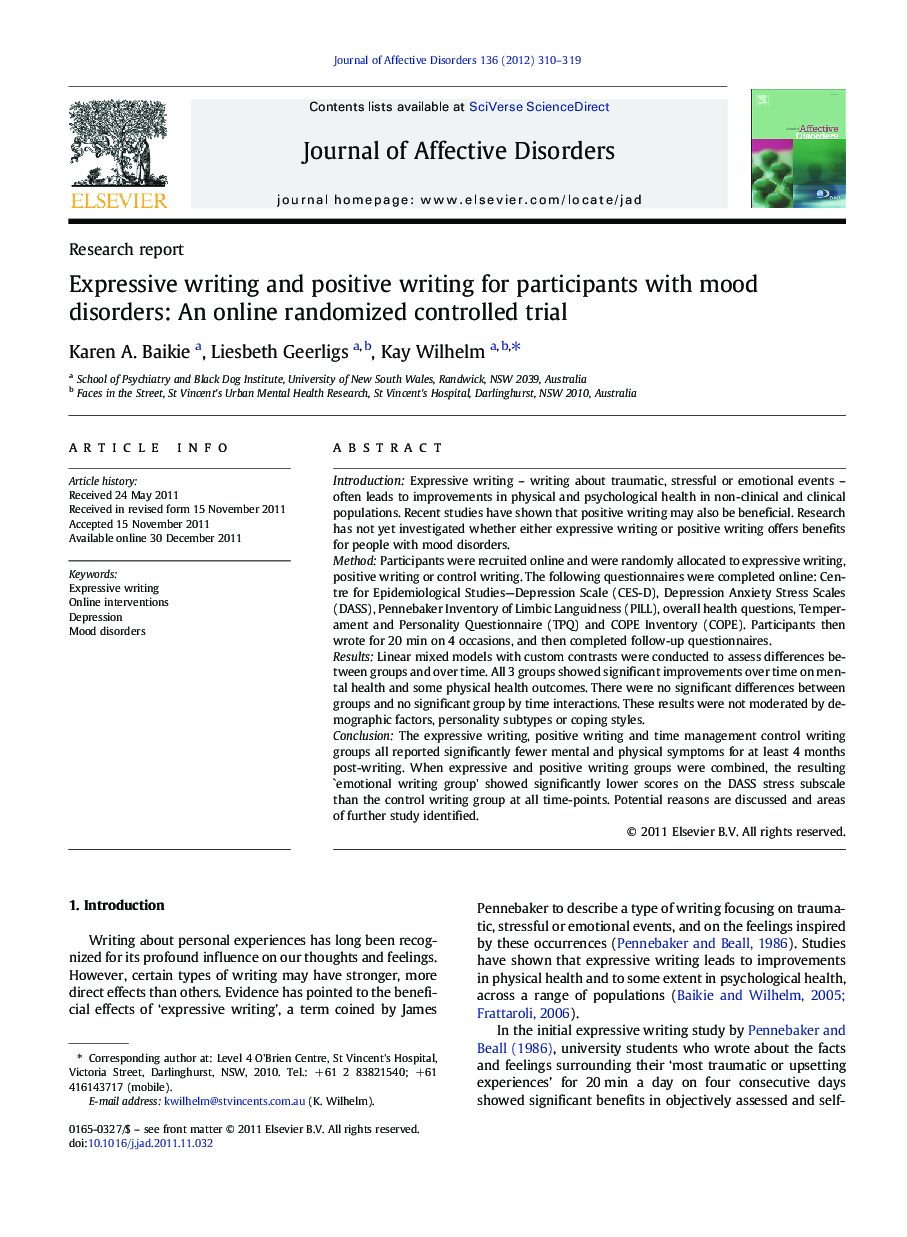 Expressive writing and positive writing for participants with mood disorders: An online randomized controlled trial