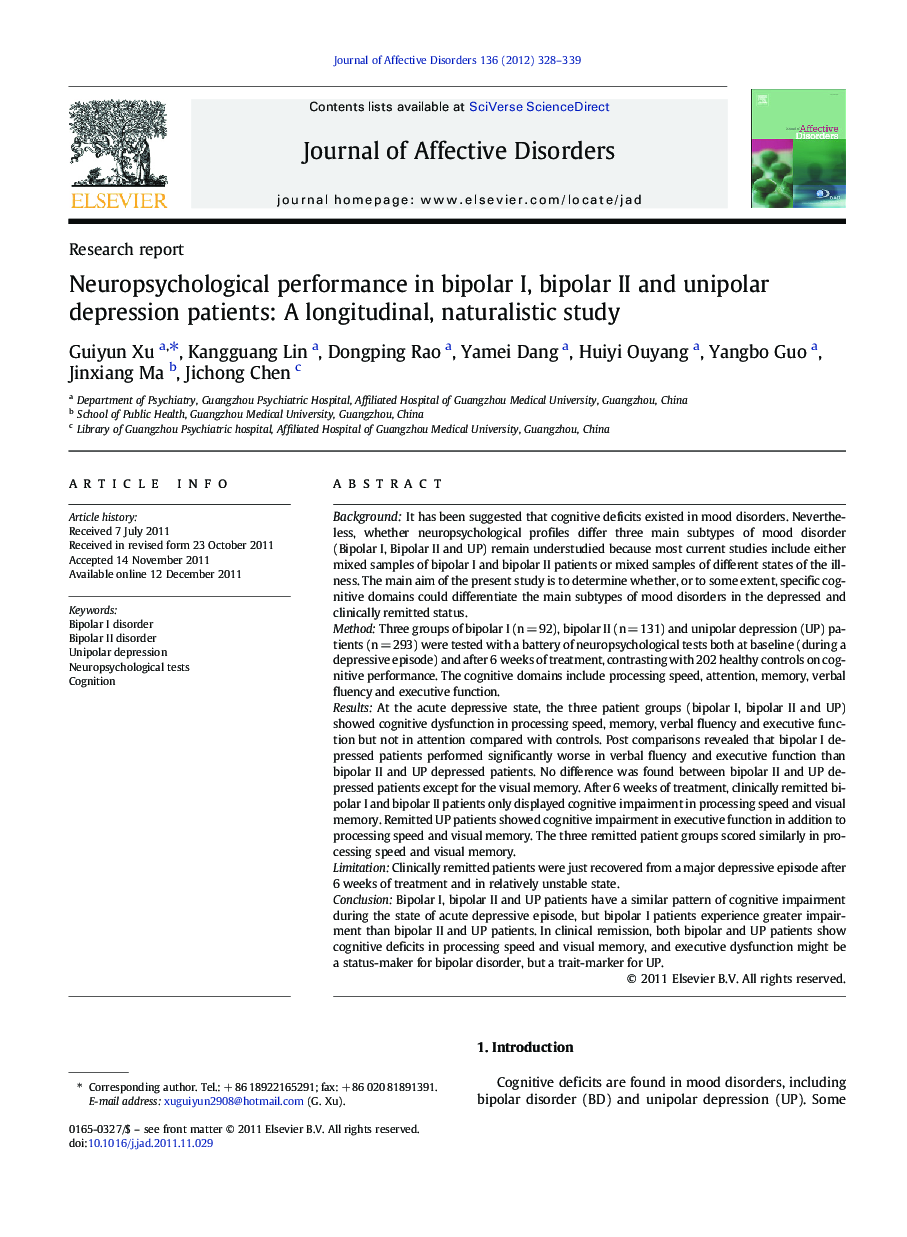 Neuropsychological performance in bipolar I, bipolar II and unipolar depression patients: A longitudinal, naturalistic study