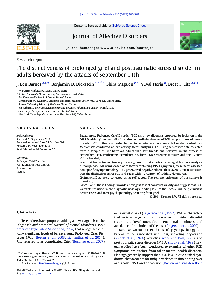 The distinctiveness of prolonged grief and posttraumatic stress disorder in adults bereaved by the attacks of September 11th