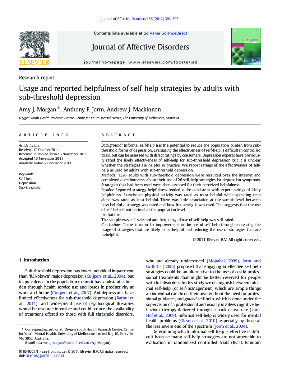 Usage and reported helpfulness of self-help strategies by adults with sub-threshold depression