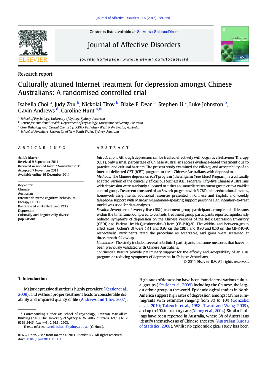 Culturally attuned Internet treatment for depression amongst Chinese Australians: A randomised controlled trial