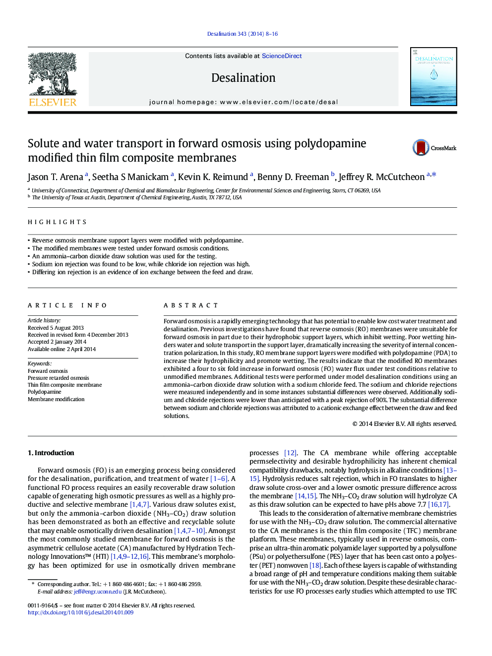 Solute and water transport in forward osmosis using polydopamine modified thin film composite membranes