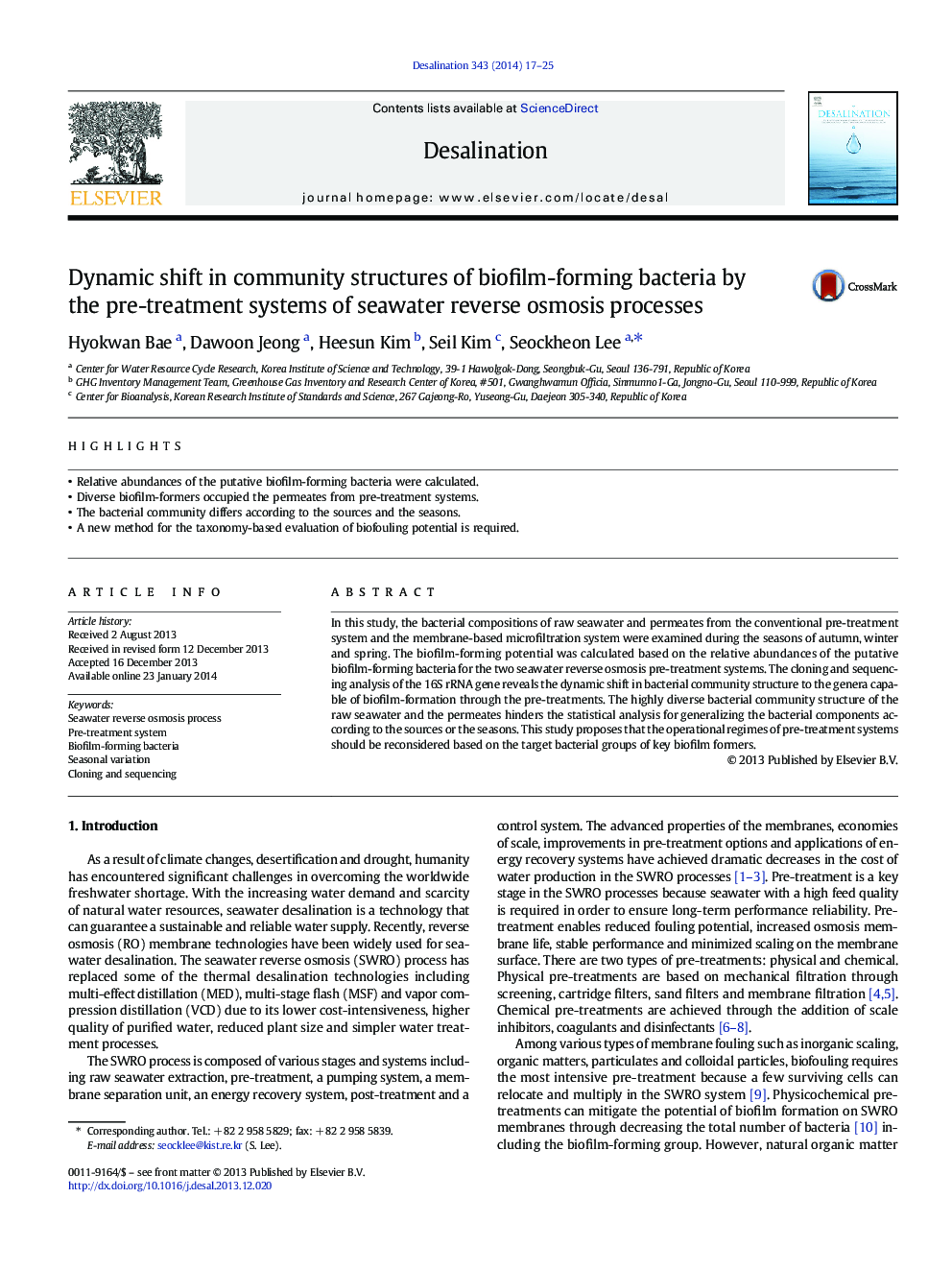 Dynamic shift in community structures of biofilm-forming bacteria by the pre-treatment systems of seawater reverse osmosis processes