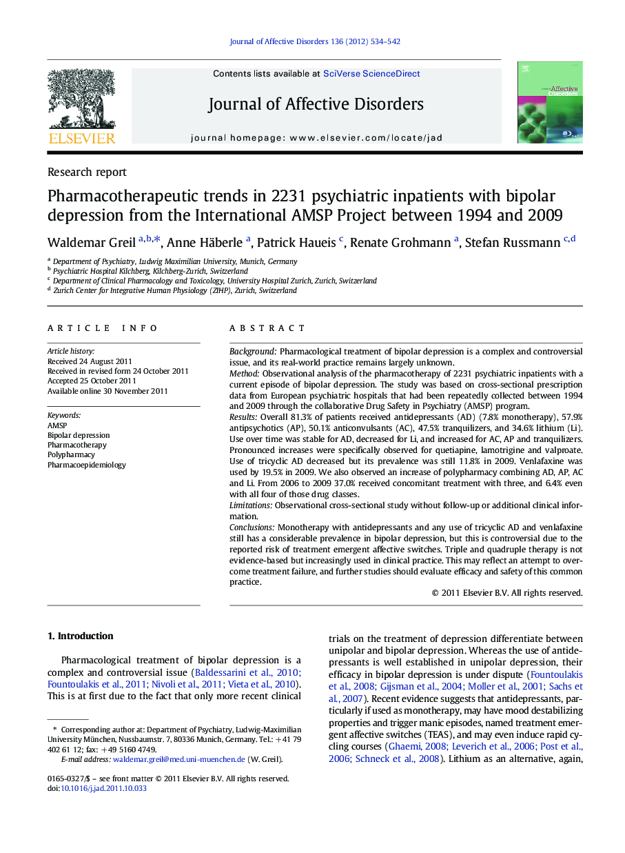 Pharmacotherapeutic trends in 2231 psychiatric inpatients with bipolar depression from the International AMSP Project between 1994 and 2009