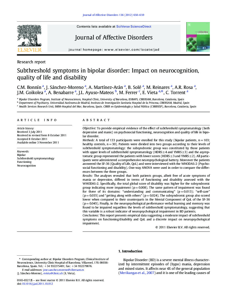 Subthreshold symptoms in bipolar disorder: Impact on neurocognition, quality of life and disability