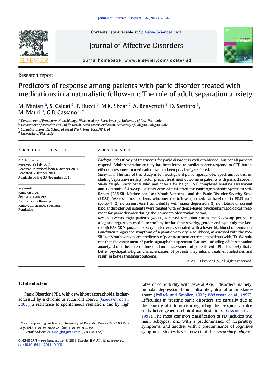 Predictors of response among patients with panic disorder treated with medications in a naturalistic follow-up: The role of adult separation anxiety