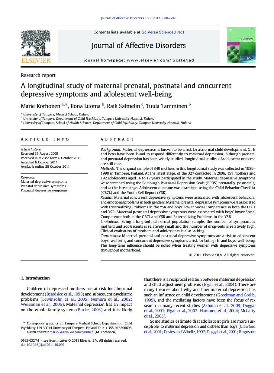 Research reportA longitudinal study of maternal prenatal, postnatal and concurrent depressive symptoms and adolescent well-being