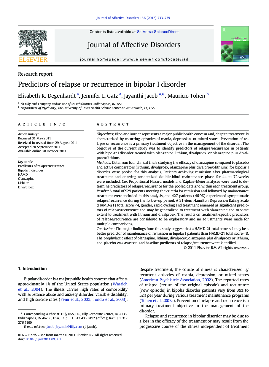 Predictors of relapse or recurrence in bipolar I disorder