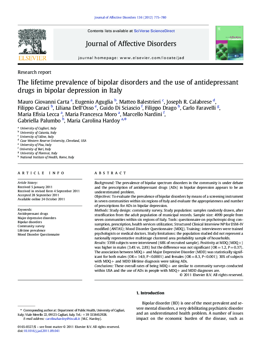 The lifetime prevalence of bipolar disorders and the use of antidepressant drugs in bipolar depression in Italy