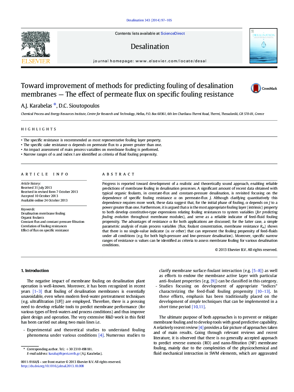 Toward improvement of methods for predicting fouling of desalination membranes — The effect of permeate flux on specific fouling resistance