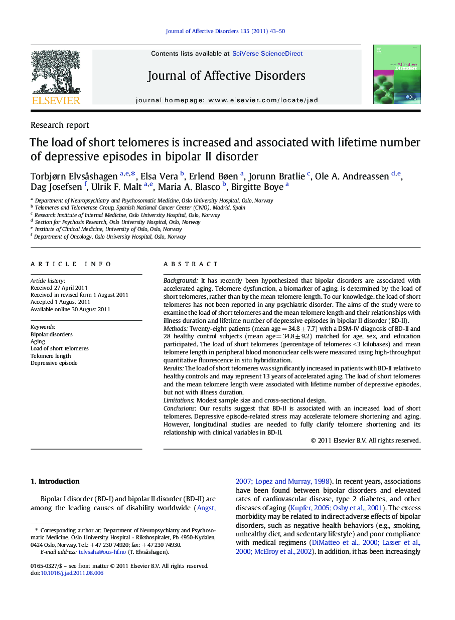 The load of short telomeres is increased and associated with lifetime number of depressive episodes in bipolar II disorder