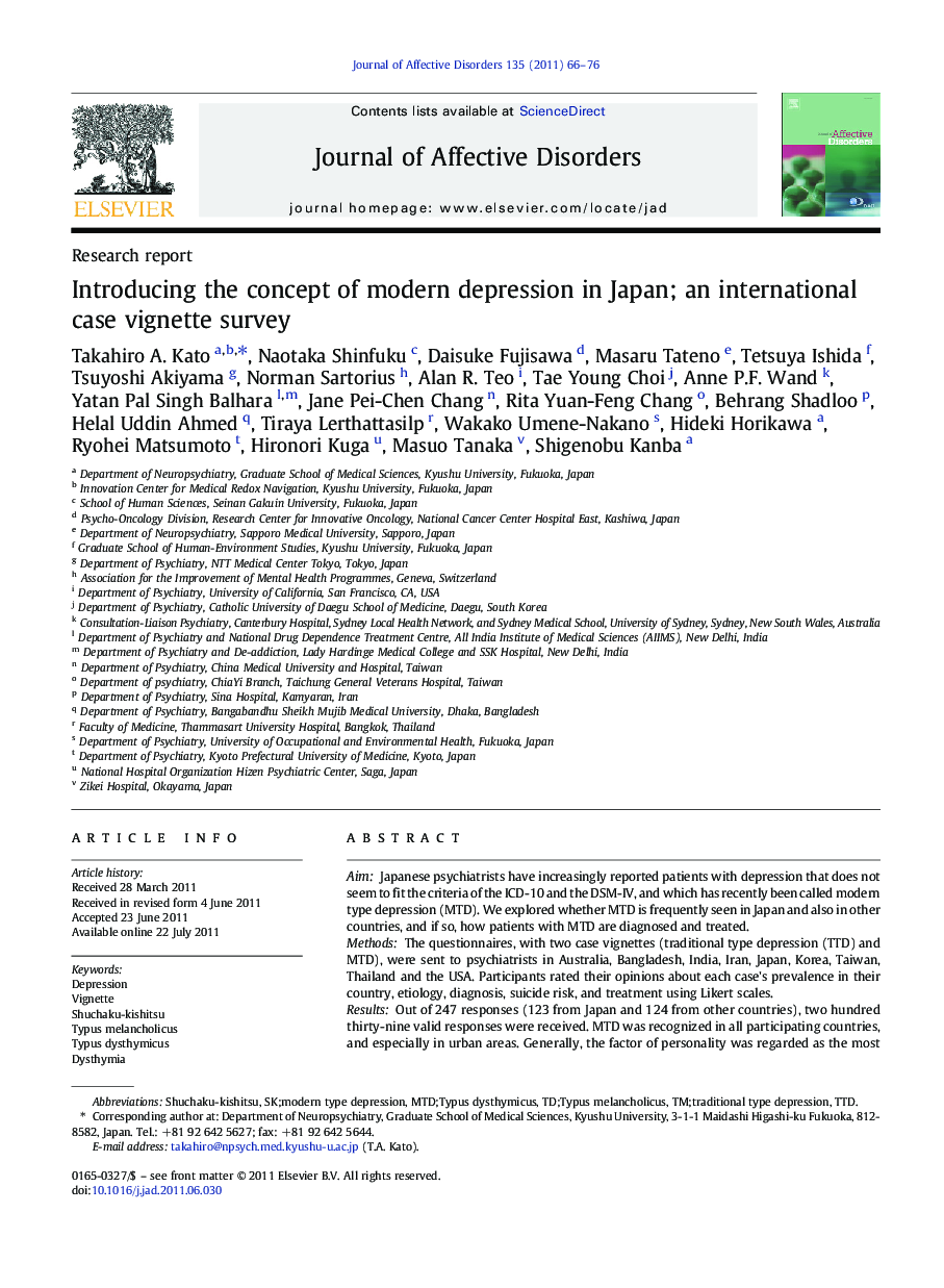 Introducing the concept of modern depression in Japan; an international case vignette survey