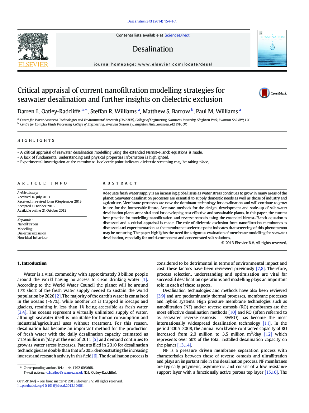 ارزیابی انتقادی از استراتژی های مدل سازی نانوفیلتراسیون برای آب شیرین سازی آب دریا و درک بیشتر درباره حذف انعکاسی دی الکتریک 