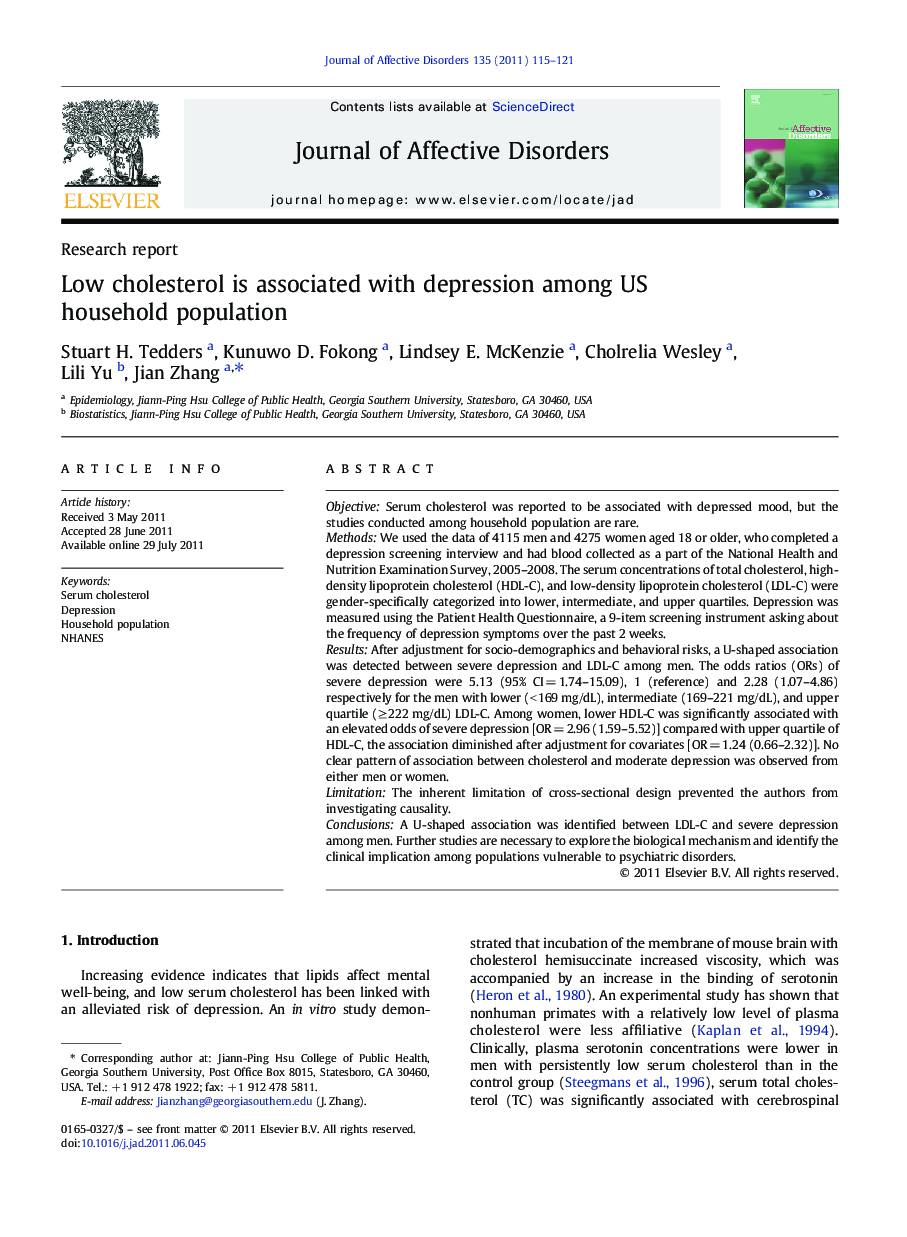 Low cholesterol is associated with depression among US household population