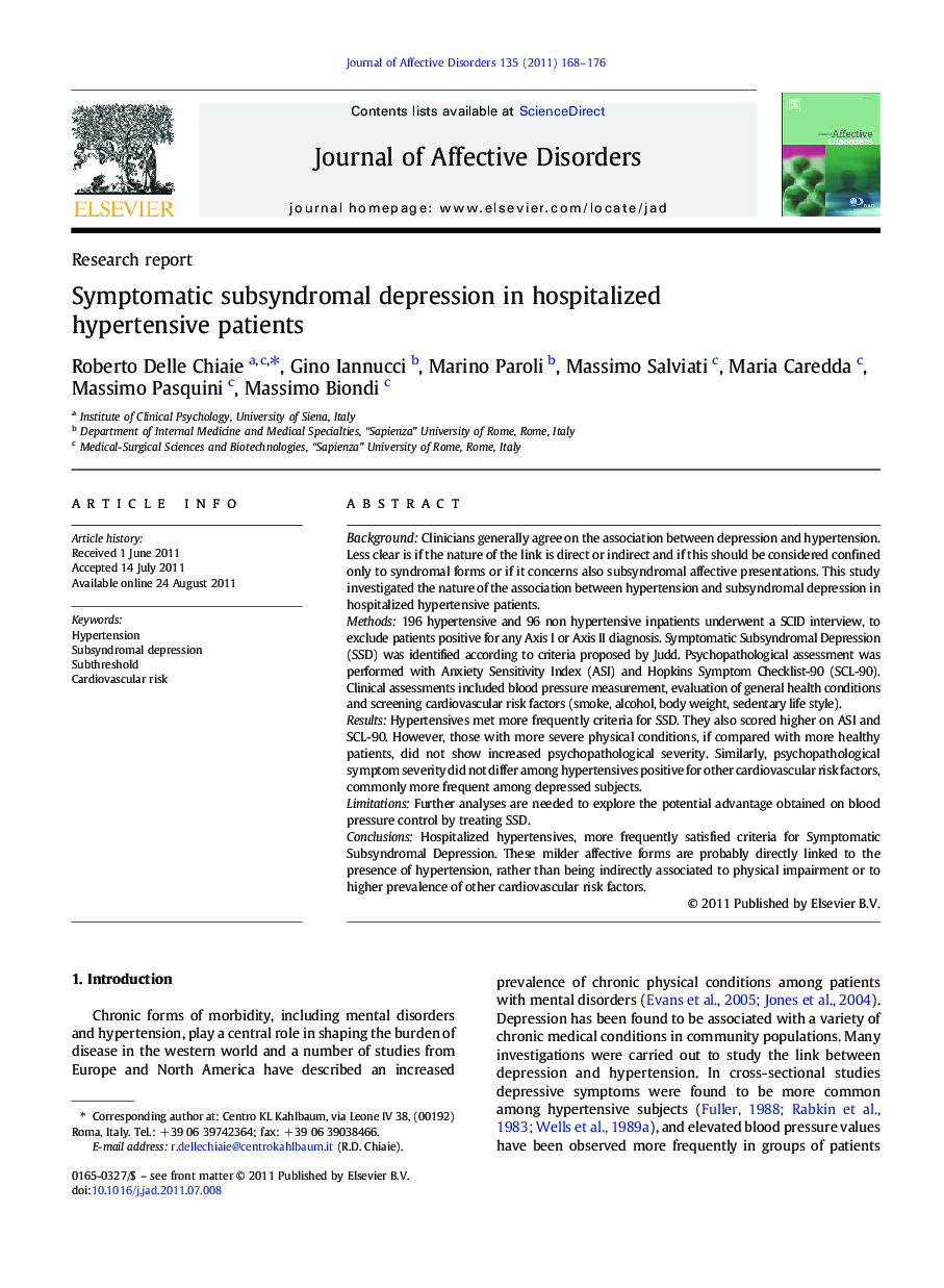 Symptomatic subsyndromal depression in hospitalized hypertensive patients