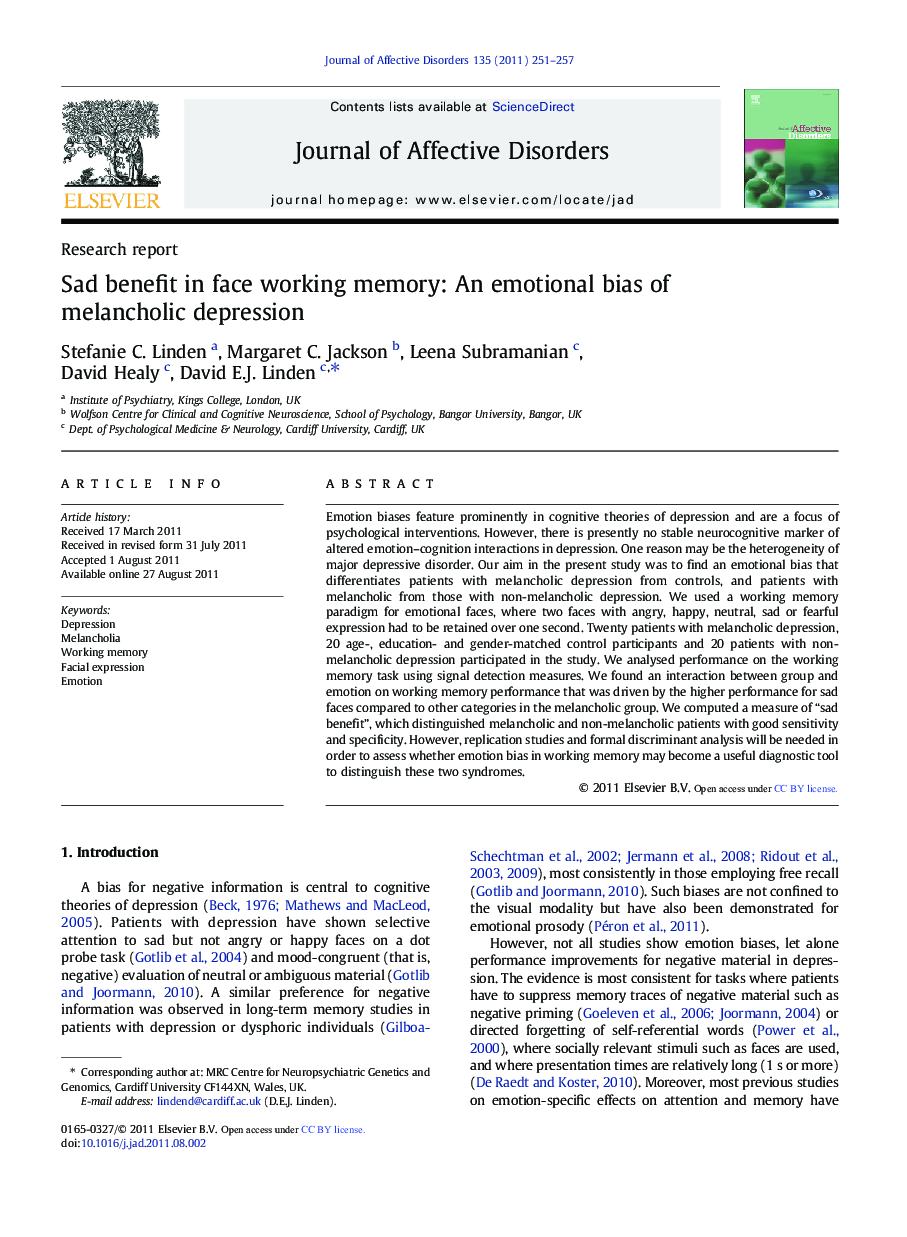 Sad benefit in face working memory: An emotional bias of melancholic depression