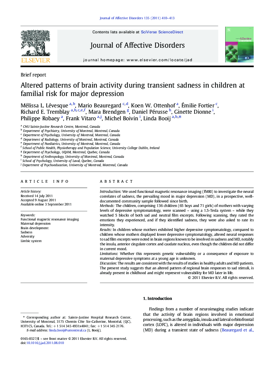 Altered patterns of brain activity during transient sadness in children at familial risk for major depression