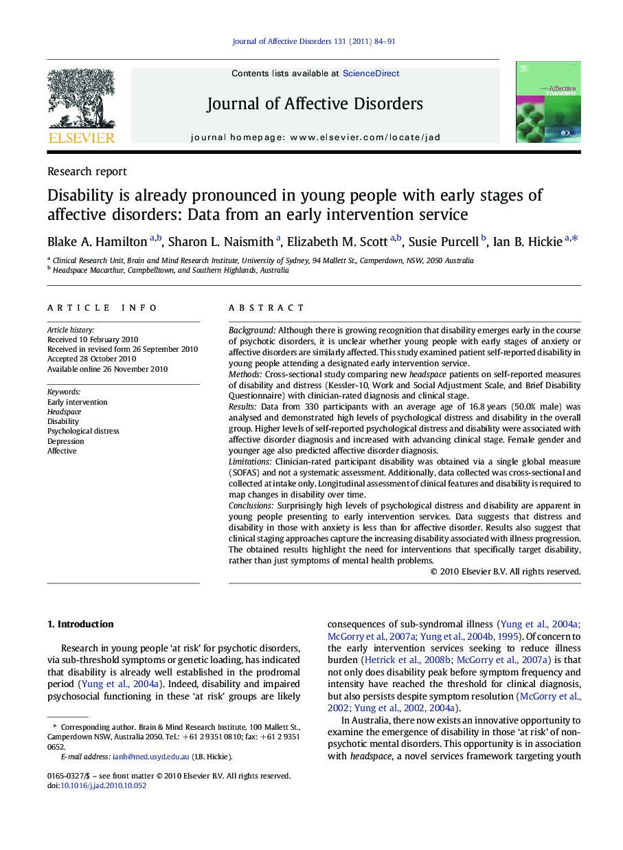 عکس صفحه اول مقاله: Disability is already pronounced in young people with early stages of affective disorders: Data from an early intervention service Disability is already pronounced in young people with early stages of affective disorders: Data from an early intervention service