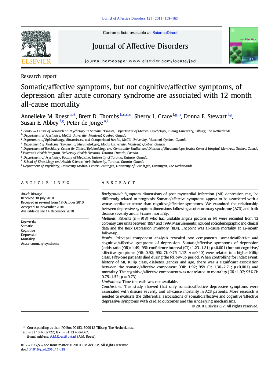 Somatic/affective symptoms, but not cognitive/affective symptoms, of depression after acute coronary syndrome are associated with 12-month all-cause mortality