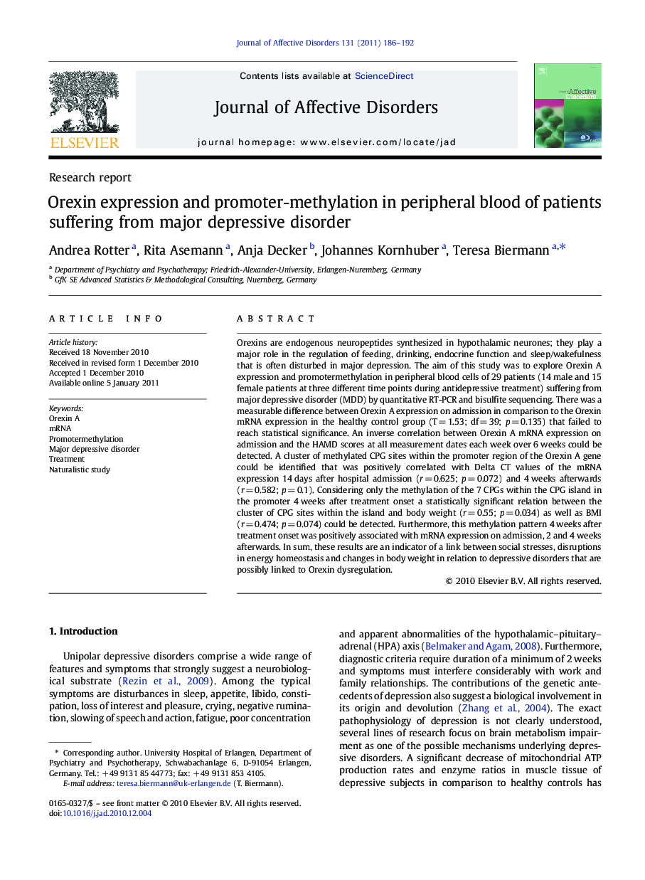 Orexin expression and promoter-methylation in peripheral blood of patients suffering from major depressive disorder