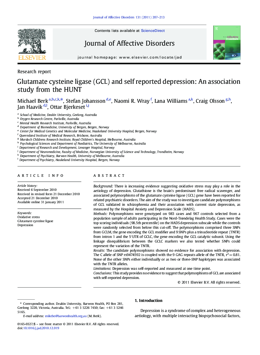 Glutamate cysteine ligase (GCL) and self reported depression: An association study from the HUNT