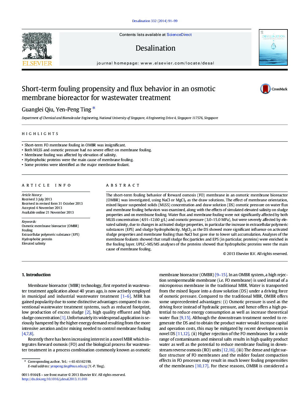 Short-term fouling propensity and flux behavior in an osmotic membrane bioreactor for wastewater treatment