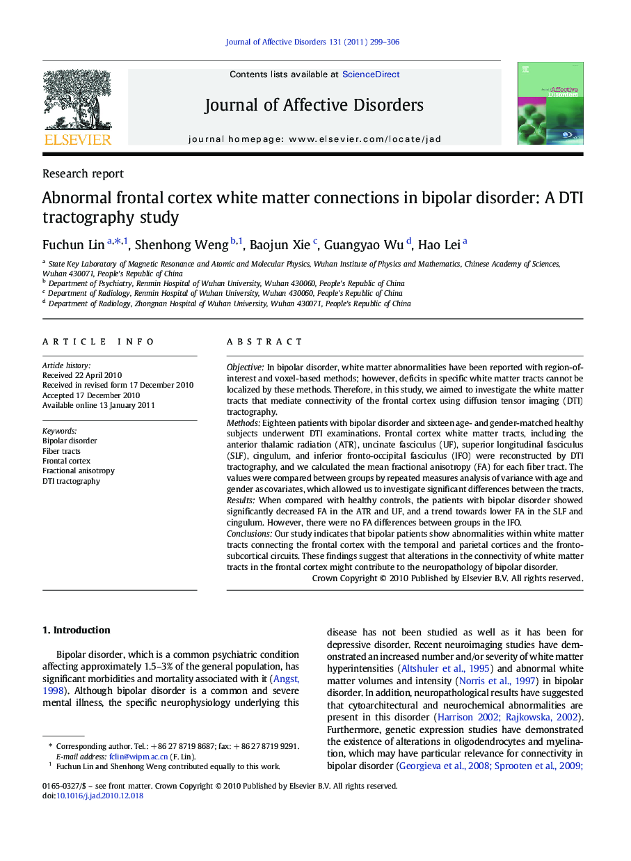 Abnormal frontal cortex white matter connections in bipolar disorder: A DTI tractography study