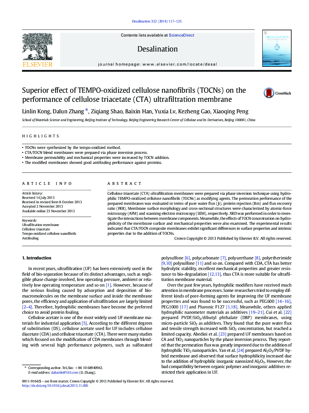 Superior effect of TEMPO-oxidized cellulose nanofibrils (TOCNs) on the performance of cellulose triacetate (CTA) ultrafiltration membrane