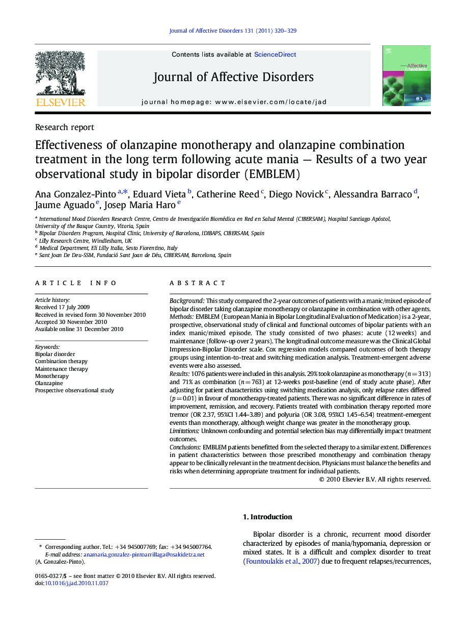 Effectiveness of olanzapine monotherapy and olanzapine combination treatment in the long term following acute mania - Results of a two year observational study in bipolar disorder (EMBLEM)