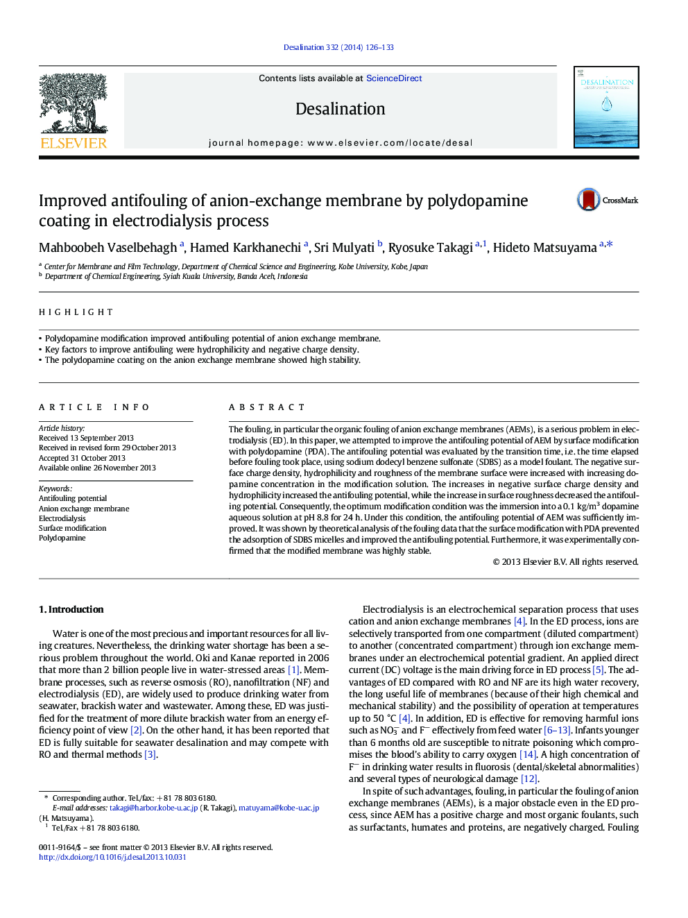 Improved antifouling of anion-exchange membrane by polydopamine coating in electrodialysis process