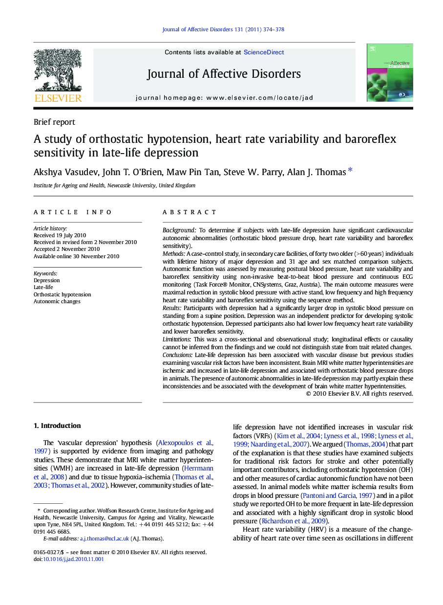 A study of orthostatic hypotension, heart rate variability and baroreflex sensitivity in late-life depression