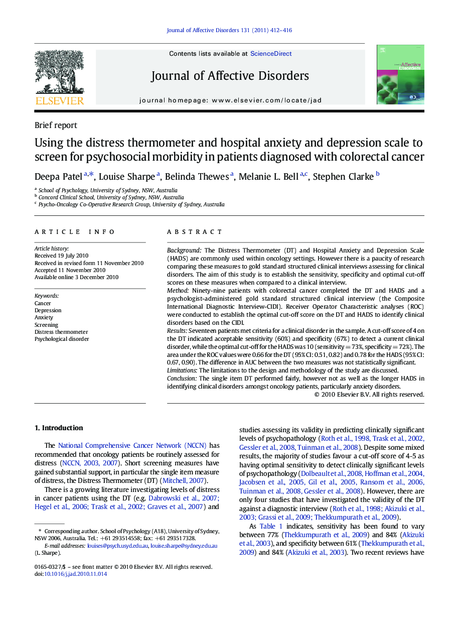 Using the distress thermometer and hospital anxiety and depression scale to screen for psychosocial morbidity in patients diagnosed with colorectal cancer