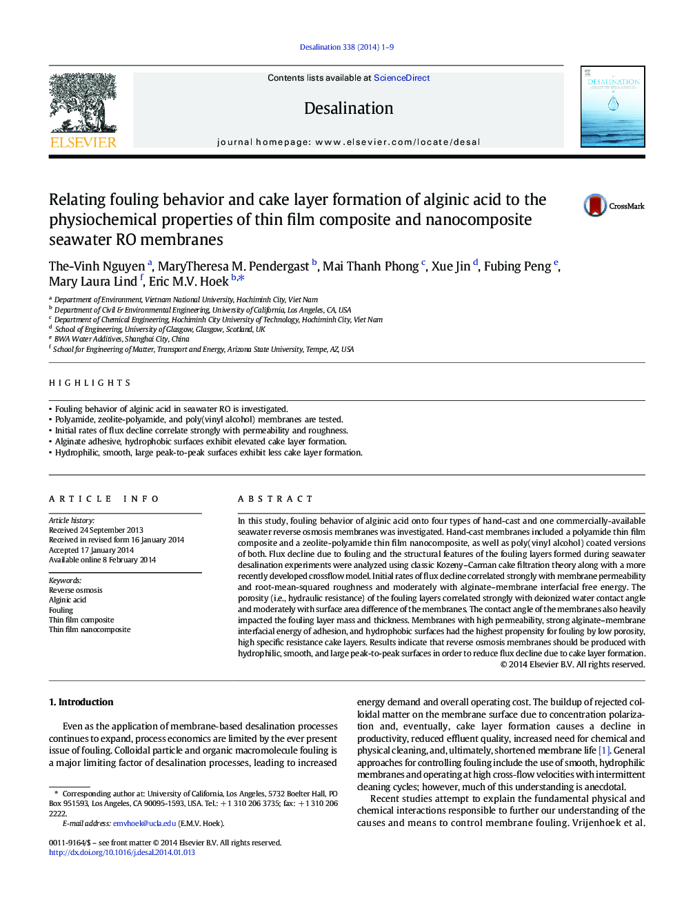 Relating fouling behavior and cake layer formation of alginic acid to the physiochemical properties of thin film composite and nanocomposite seawater RO membranes