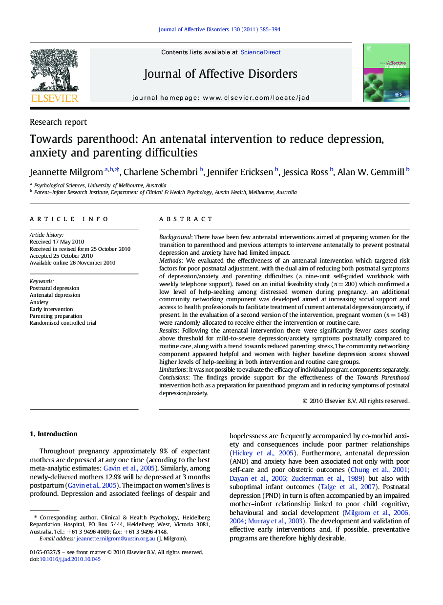 Research reportTowards parenthood: An antenatal intervention to reduce depression, anxiety and parenting difficulties