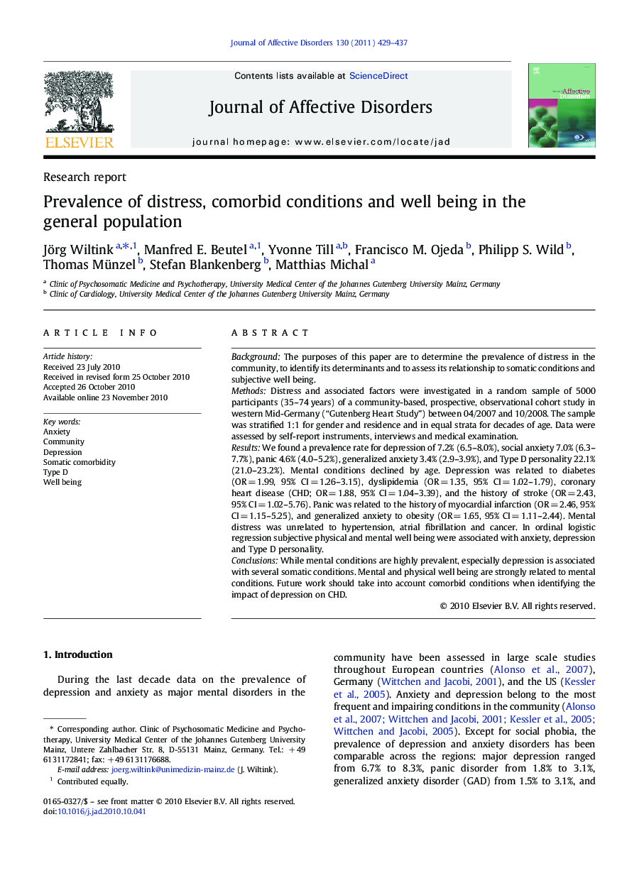 Prevalence of distress, comorbid conditions and well being in the general population