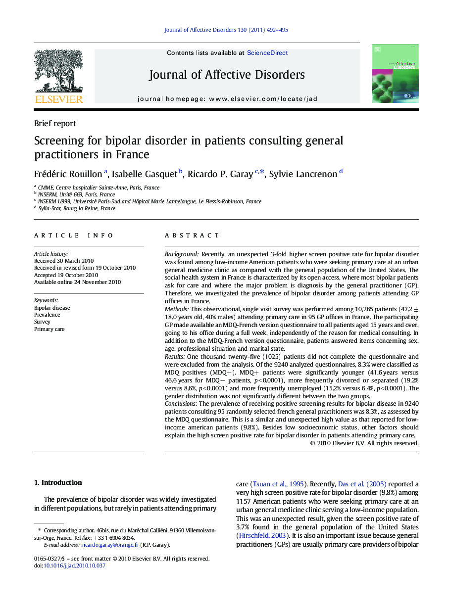 Screening for bipolar disorder in patients consulting general practitioners in France