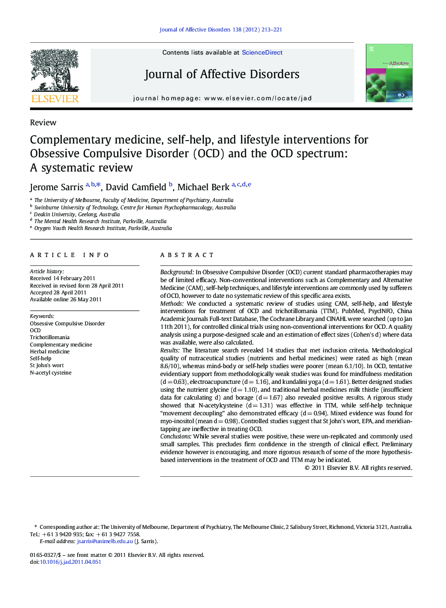 Complementary medicine, self-help, and lifestyle interventions for Obsessive Compulsive Disorder (OCD) and the OCD spectrum: A systematic review