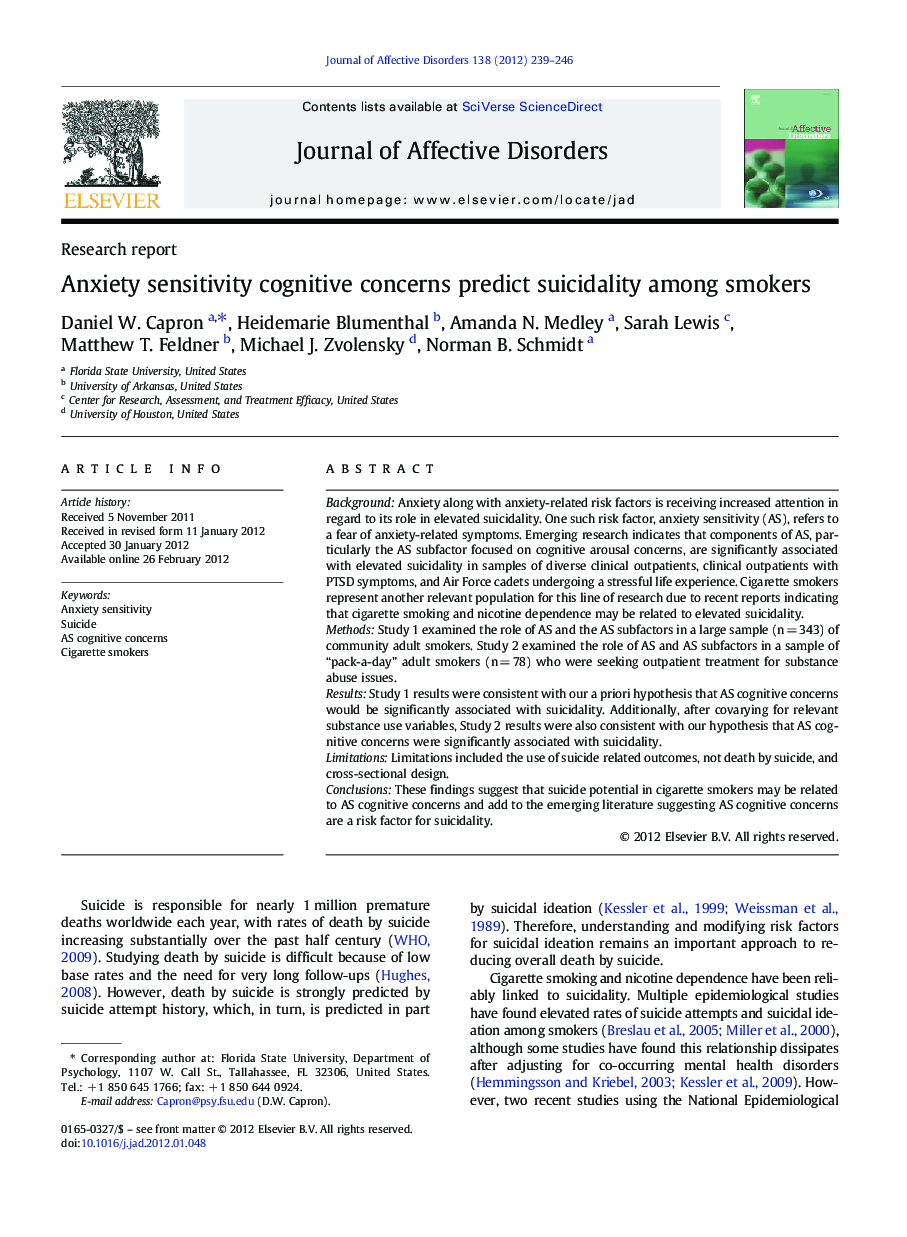 Anxiety sensitivity cognitive concerns predict suicidality among smokers