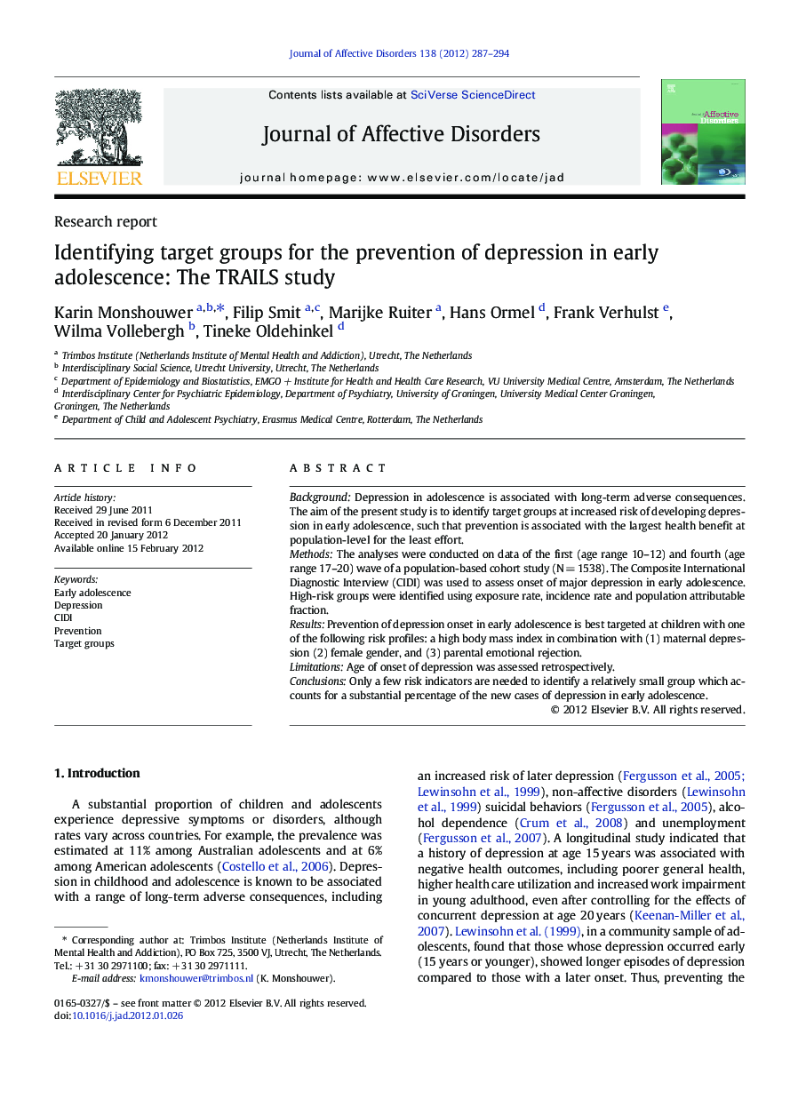 Identifying target groups for the prevention of depression in early adolescence: The TRAILS study